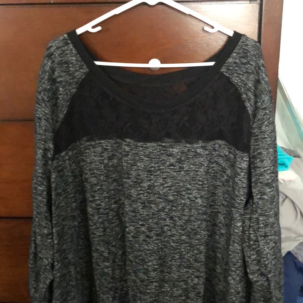 Black marble long sleeve top with lace inserts